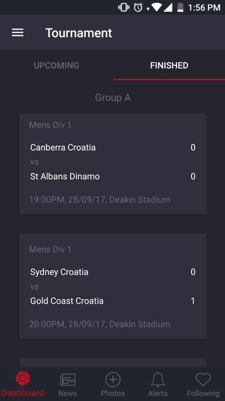 CSA Australia Savez finished fixtures and results screen