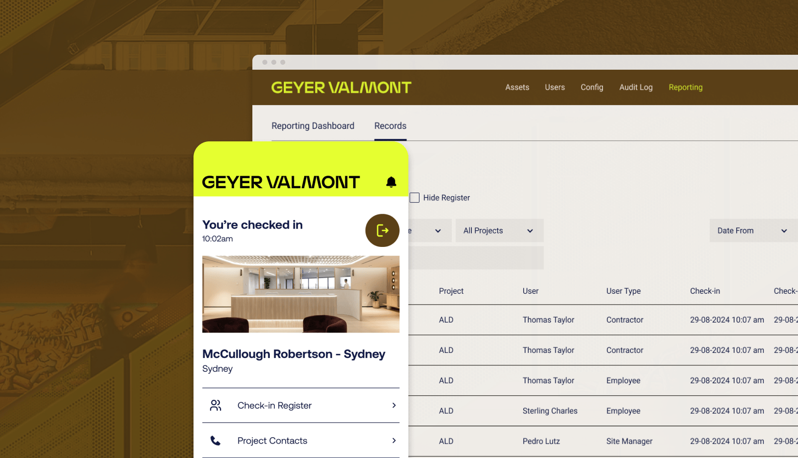Geyer Valmont workforce compliance check-in app and reporting dashboard