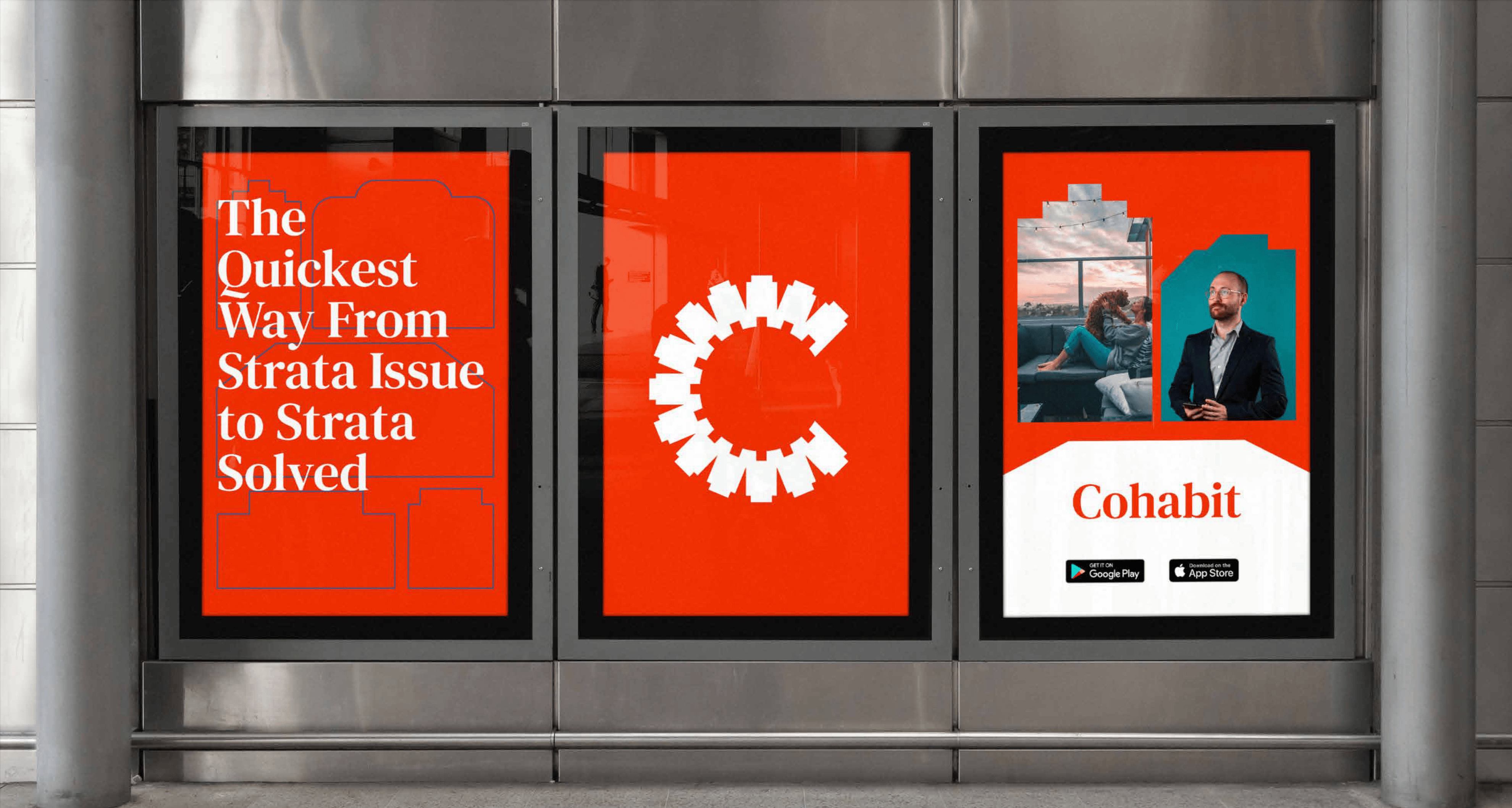 Cohabit app advertised on a shopfront display